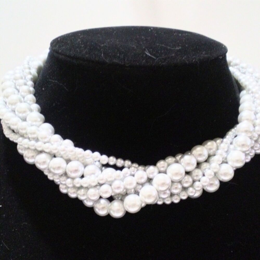Vintage Multi Strand Dove Gray Faux Pearl Twisted Necklace